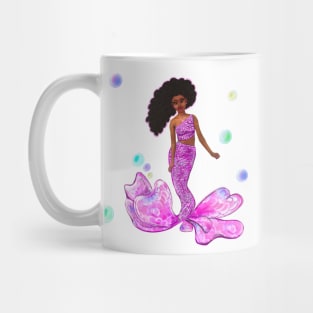 Mermaid - Coco the Magical rainbow mermaid with brown eyes, flowing Afro hair and caramel brown skin - light background Mug